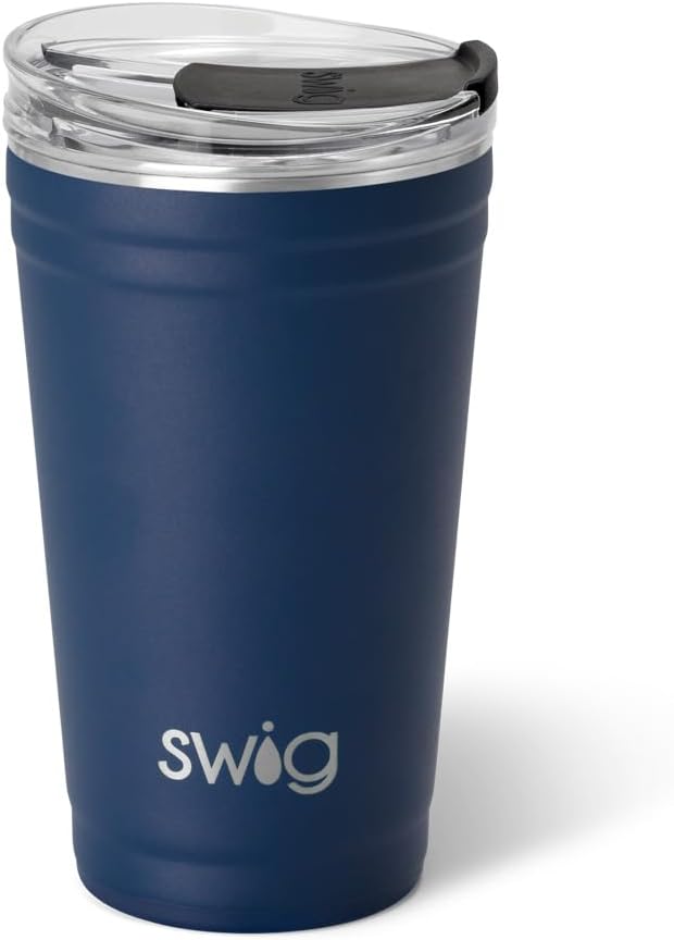 Swig Life 24oz Party Cup, Stackable Insulated Travel Coffee Tumbler with EZ Slider Lid, Cup Holder Friendly, Stainless Steel 24 oz Tumbler, Reusable Coffee Mug (Navy)