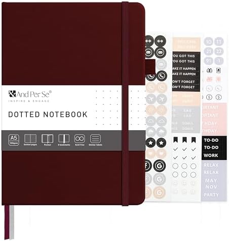 &And Per Se Dotted Journal Notebook – A5 Hardcover, 160 Pages 100gsm Paper, Dot Grid Notebook for Planning & Creative Journaling, 3 Sticker Sheets Included (Dark Red)