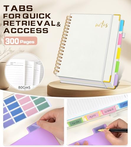 Hardcover Spiral Notebook 8.5"x11" Journal with Removable Dividers Tabs, 300 Pages Organizer Notebooks for Work School, Leather 5 Subject Notebook College Ruled, Large Lined Journal for Women，White