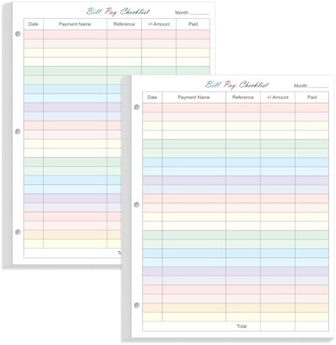 (2-Pack) A4 Bill Payment Checklist Refills Paper - 3-Hole Punched Loose Leaf Budget Planner Refill, 50 Sheets/100 Pages Colorful Monthly Budget Forms, 100gsm Paper, 8.5" x 11"