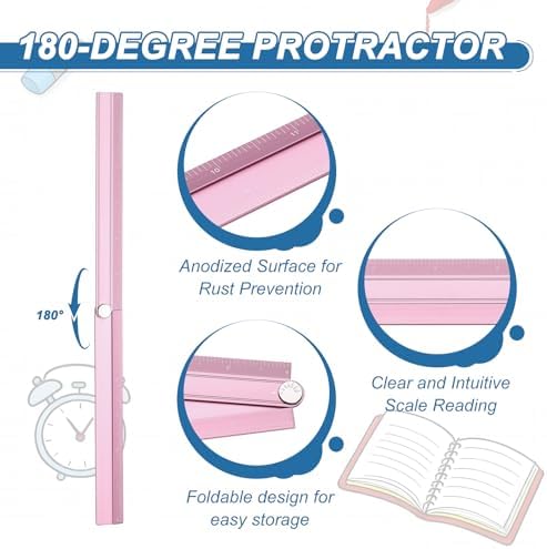 HARFINGTON 2pcs Folding Straight Ruler 12" SAE Aluminum Alloy Protractor Foldable Angle Ruler Geometric Measuring Tool with Angle Line for Architects Artists Designers Classroom Office, Pink