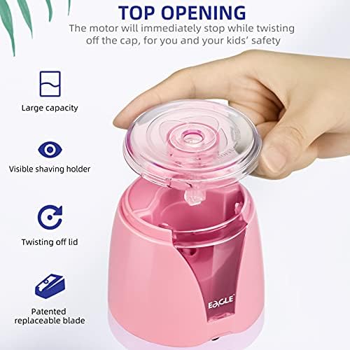 Eagle Electric Pencil Sharpener, Battery Powered, Large Shaving Holders, Carbon Steel Blades, Portable, Reusable and Replaceable Blade, Suitable for Kids, Home, School and Office use (Pink)