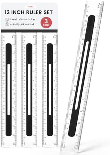 Sooez 3 Pack Ruler 12 Inch, Anti-Slip Clear Rulers for Kids School, Black
