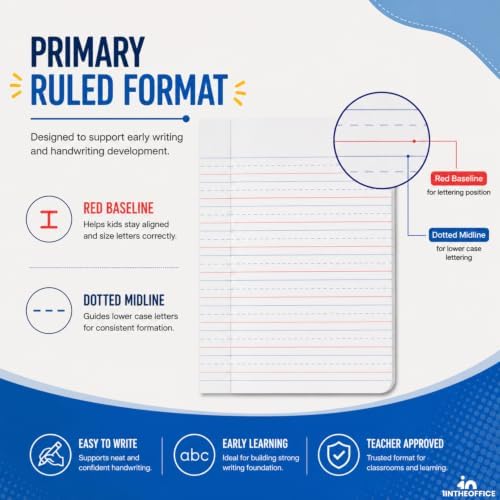 1InTheOffice Primary Composition Notebook, 7 1/2" x 9 3/4", Unruled/Primary Ruled, 100 Sheets