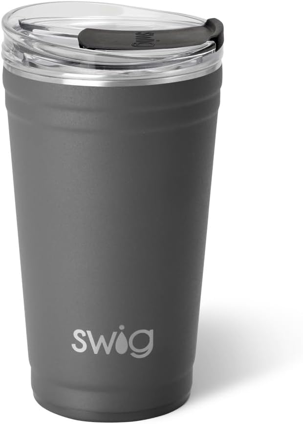 Swig Life 24oz Party Cup, Stackable Insulated Travel Coffee Tumbler with EZ Slider Lid, Cup Holder Friendly, Stainless Steel 24 oz Tumbler, Reusable Coffee Mug (Grey)