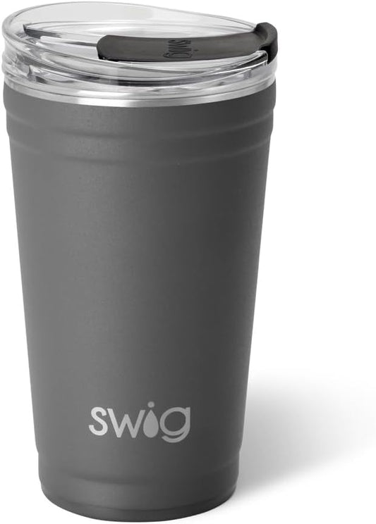 Swig Life 24oz Party Cup, Stackable Insulated Travel Coffee Tumbler with EZ Slider Lid, Cup Holder Friendly, Stainless Steel 24 oz Tumbler, Reusable Coffee Mug (Grey)