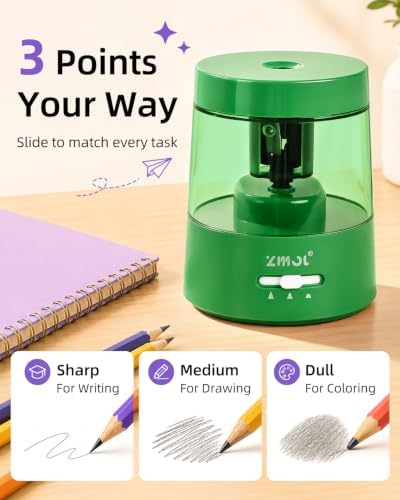 ZMOL Electric Pencil Sharpener, USB or 2 AA Powered, 6-8mm, Green