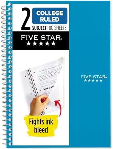 Five Star Spiral Notebook, 2 Subject, College Ruled, 9 1/2" x 6" 80 Sheets, Tidewater Blue (840029CG1-ECM) (Pack of 12)