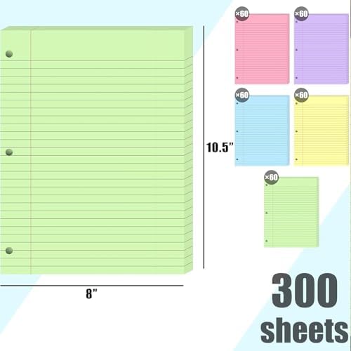 366PCS School & Office Bundle, 300 Sheets Colored Wide Ruled Loose Leaf Paper & 66 Metallic Binder Rings, 5 Colors for Note Organization, School Supplies, and DIY Projects
