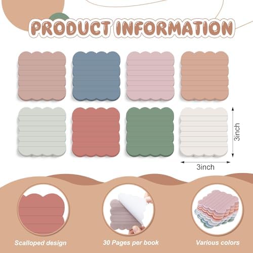 Eaasty 8 Pack Scalloped Sticky Notes Lined 3" X 3" Vintage Memo Pads