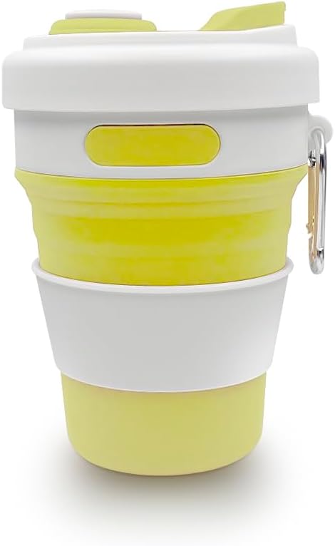 17oz Collapsible Travel Cup With Lid & Metal Hook Reusable Silicone Coffee Folding Mug for Hot/Cold Drink Portable Outdoor Camping Hiking Microwave & Dishwasher Safe (Yellow)