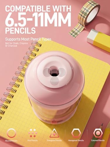 M&G S5 Electric Pencil Sharpener,Fully Automatic for 6.5–11mm No.2&Colored Pencils,Auto In&Out,3 Sharpness Modes,Type-C Rechargeable,Helical Blade,Cute Pencil Sharpener for School Classroom Home, Pink