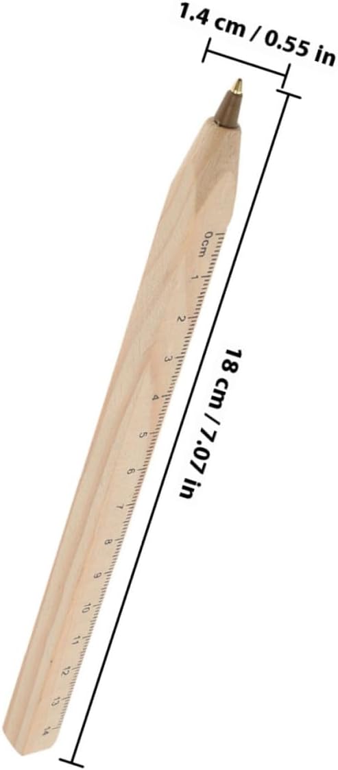 6pcs Natural Wood Black Ballpoint Pens with Printed Ruler, Biodegradable Carpenter Woodwork Pens for Industrial Drawing and Office Use