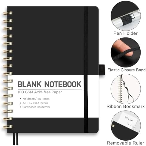 RETTACY Blank Journal Notebook, 140 Pages, A5 Medium Size (5.7'' x 8.3'')
