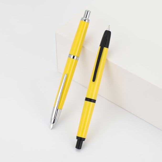 Jinhao 20 Press Fountain Pen, Lemon Yellow Retractable Fine Nib with Ink Converter Set (Silver Clip)