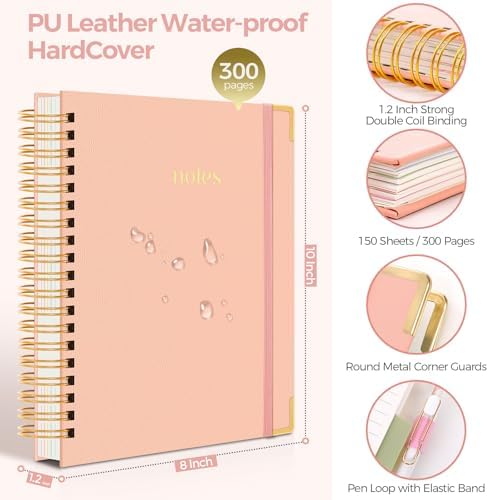 SKYDUE 5 Subject Notebook with Dividers and Tabs, 8" x 10" College Ruled Notebook for Work, 300 Pages Spiral Journal for Women, Pink