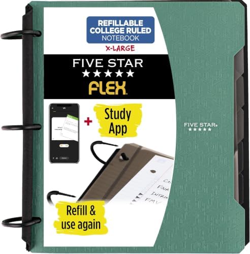 Five Star Flex Refillable Notebook + Study App, College Ruled Paper and 1-1/2 Inch TechLock Ring Binder with Pockets, Tabs and Dividers, 300 Sheet Capacity, Seaglass Green (29324AQ8) (Pack of 6)