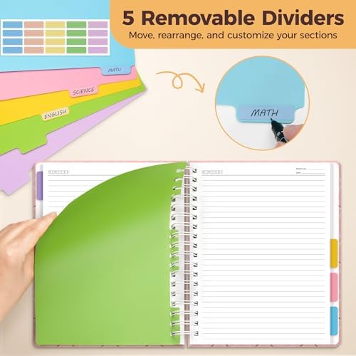 Hardcover Spiral Notebook Journal for Women & Men, Cute 5 Subject Notebook College Ruled for School & Work, Pink Journaling Notebooks with Removable Dividers Tabs, 8" x 10", 300 Pages, Bows