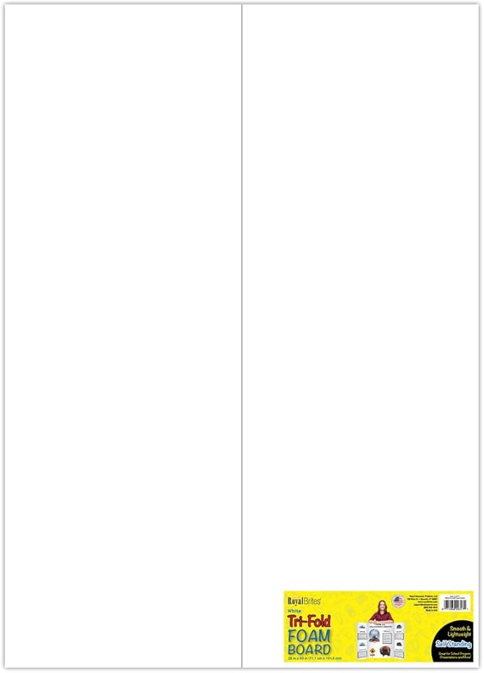 Royal Brites Tri-Fold White Foam Board – 28" x 40", 5 per Case – Self-Standing Presentation Board for School Projects, Science Fairs, Displays & Crafts