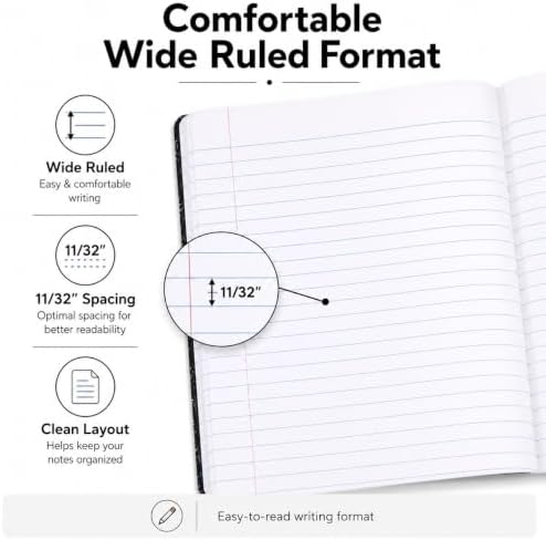 Composition Notebook, Wide Ruled, 100 Sheets, 9.75" x 7.5", Black Marble, Writing Journal for Students, Durable Cover, K-12 & College School Supplies, Black Theme (Pack of 1)