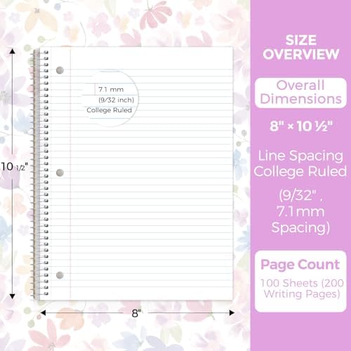 SKYDUE 8"x10.5" Spiral Notebook - College Ruled 100 Sheets, 1 Subject Notebook for School & Office, 3-Hole Punched Paper, Floral Design