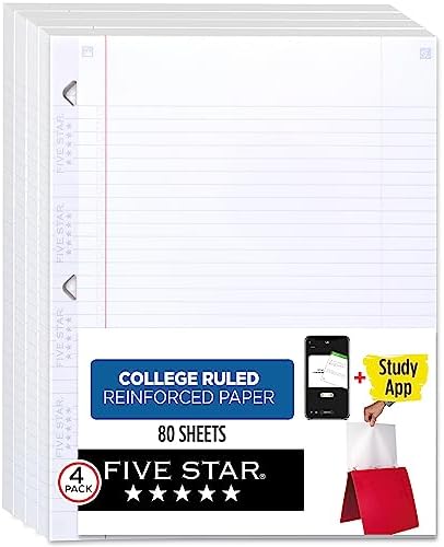 Five Star Loose Leaf Paper + Study App, 4 Pack, Notebook Paper, College Ruled Filler Paper, Reinforced, 8.5 x 11, 80 Sheets per Pack (170024-ECM)