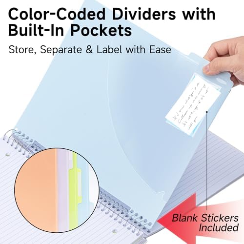 deli 2 Pack 5 Subject Spiral Notebook, College Ruled 8.5"x11", 400 Pages Total (200 Sheets), Plastic Dividers with Pockets, 3 Hole Punch, PP Waterproof Cover, Gold Coil Binding