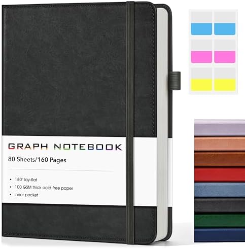 A5 Leather Hardcover Graph Paper Notebook, 160 Pages (5 Squares/Inch), 180° Lay-Flat Binding, 100 GSM Thick Paper, for Math, Engineering, Students & Technical Work (Black)