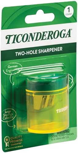 Ticonderoga Two-Hole Manual Pencil Sharpener for Standard and Beginner Pencils, Yellow/Green, 2" x 2" x 1.25", German-Engineered, 1 Count