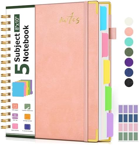Hardcover Spiral Notebook Journal with Removable Dividers Tabs, 300 Pages Organizer Notebooks for Work School, Leather 5 Subject Notebook College Ruled, 8"x10" Large Lined Journal for Women，Pink