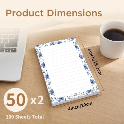 Lined Sticky Notes 4x6 in, 2 Pack Large Cute Notepads with Lines, Bright Post Memo Note Pads Big Rectangular Sticky Notes for Office Blue Cute Flowers
