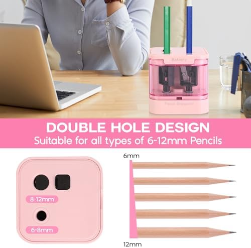 Eagle Electric Pencil Sharpener, Dual Holes, Battery Powered for School/Office/Art, 5s Fast Sharpening, Portable w/Large Shaving Tray & Replaceable Blades, for 6-12 mm Pencils(Pink)