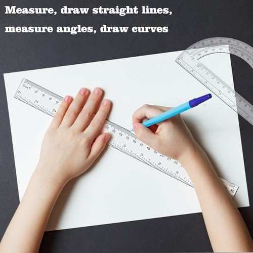 2 Packs 12 Inch Plastic Ruler and 6 Inch Plastic Protractor Set Clear Math Geometry Set Classroom Set Angle Detector School Supplies Classroom Ruler Home Office Drawings (Transparent)