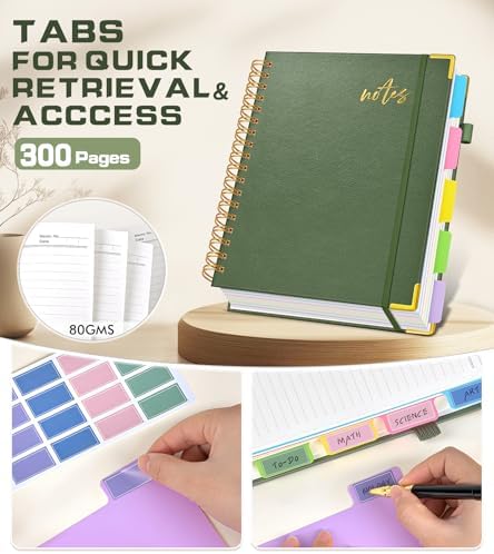 Hardcover Spiral Notebook Journal with Removable Dividers Tabs, 300 Pages Organizer Notebooks for Work School, Leather 5 Subject Notebook College Ruled, 8"x10" Large Lined Journal for Women，Sage
