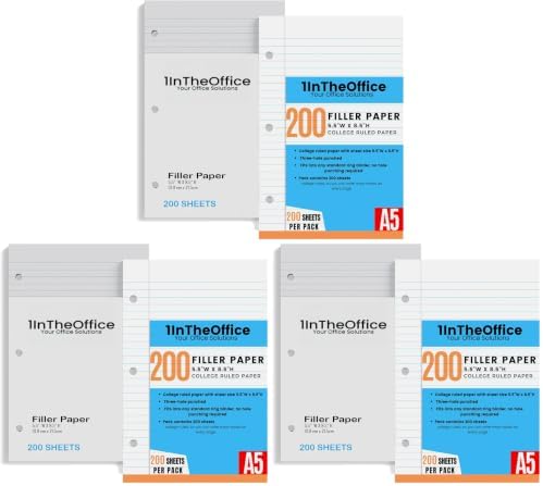 1InTheOffice College Ruled Filler Paper 5.5 x 8.5, 3 Hole Punch Filler Paper, Loose Leaf Paper, White, 200 Sheet/Pack (Pack of 3)