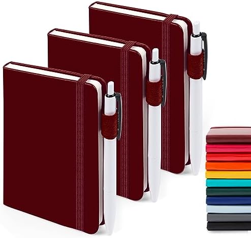 feela 3 Pack Pocket Notebook Journals with 3 Black Pens, A6 Mini Cute Small Journal Notebook Bulk Hardcover College Ruled Notepad with Pen Holder for Office School Supplies, 3.5”x 5.5”, Wine