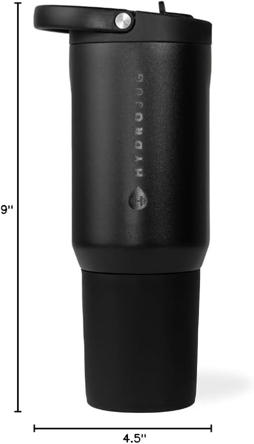 HydroJug Sport - Stainless Steel Tumbler with Straw, Vacuum Insulated, 20oz Leakproof Water Bottle, Ergonomic Design, Reusable, Dishwasher Safe, Rubber Base, Durable for Gym or Outdoors, Black