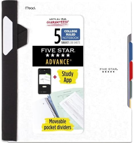 Five Star Advance Spiral Notebook + Study App, 5 Subject, College Ruled Paper, 8-1/2" x 11", 200 Sheets, Spiral Guard, Movable Tabbed Dividers, White (73154) (Pack of 6)