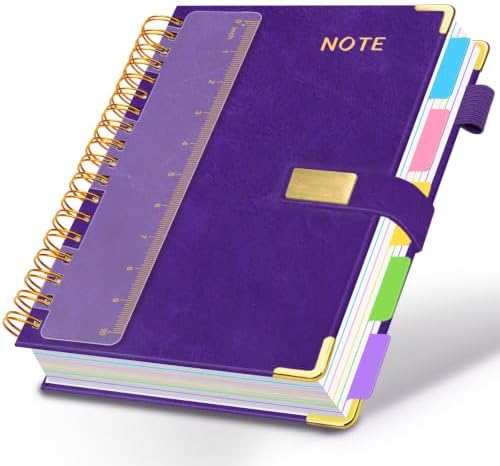 Hardcover Spiral Notebook 8.5''x 11'' College Ruled Notebook with Magnetic Closure, 300 Pages 5 Subject Notebooks with Pocket Dividers for Work School, A4 Leather Journal for Women, Men (Purple)