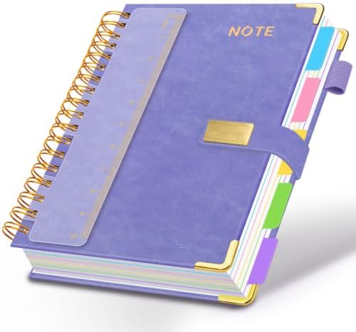 Hardcover Spiral Notebook 8.5''x 11'' College Ruled Notebook with Magnetic Closure, 300 Pages 5 Subject Notebooks with Pocket Dividers for Work School, A4 Leather Journal for Women, Men (Lilac Purple)