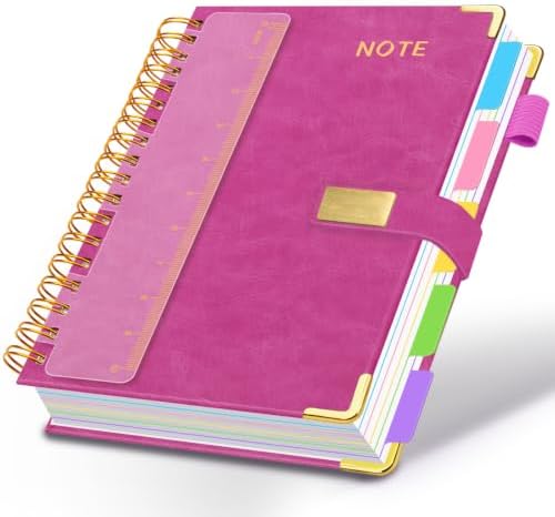 Hardcover Spiral Notebook 8.5''x 11'' College Ruled Notebook with Magnetic Closure, 300 Pages 5 Subject Notebooks with Pocket Dividers for Work School, A4 Leather Journal for Women, Men (Rose Purple)