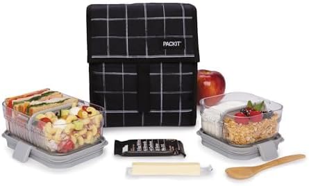PackIt Freezable Lunch Bag, Black Grid, Built with EcoFreeze Technology, Foldable, Reusable, Zip and Fold Closure with Buckle Handle, Designed for Work Lunches and Fresh Lunch On the Go