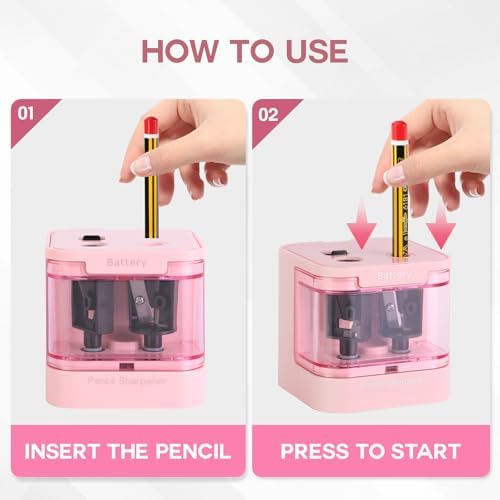 Eagle Electric Pencil Sharpener, Dual Holes, Battery Powered for School/Office/Art, 5s Fast Sharpening, Portable w/Large Shaving Tray & Replaceable Blades, for 6-12 mm Pencils(Pink)