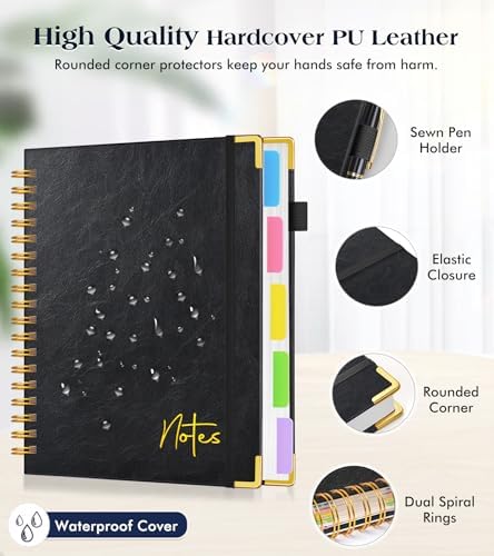 5 Subject Blank Notebook with Removable Dividers Tabs, 300 Pages Hardcover Leather Sketch Book Spiral Journal, 8"x10" B5 Large Sketchbook Notebooks for Women Men Work School Sketching Drawing, Black
