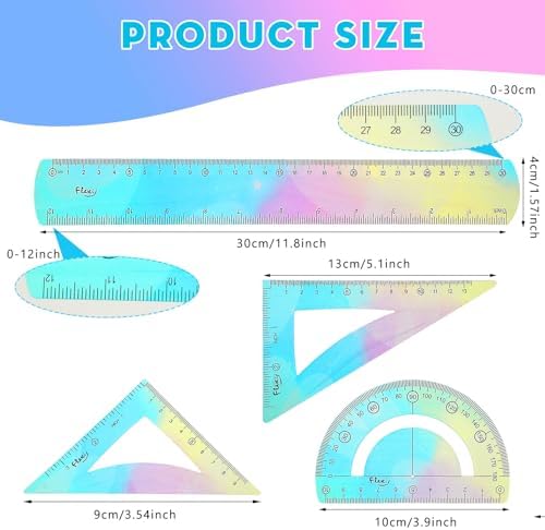 1 Set Flexible Ruler Math Set - Includes Protractor, Triangle Rulers, 12 Inch Straight Ruler, Drafting Geometry Measuring Tool for School, Office, Home Supplies (Gradient Style, Blue)