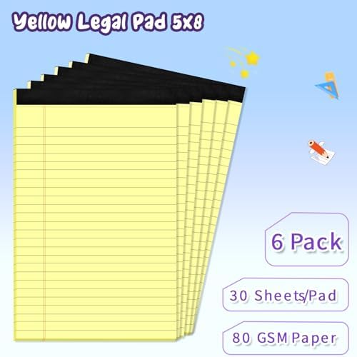6 pcs Note Pads Legal Pads 5x8, Notebook College Ruled, Yellow Notepads