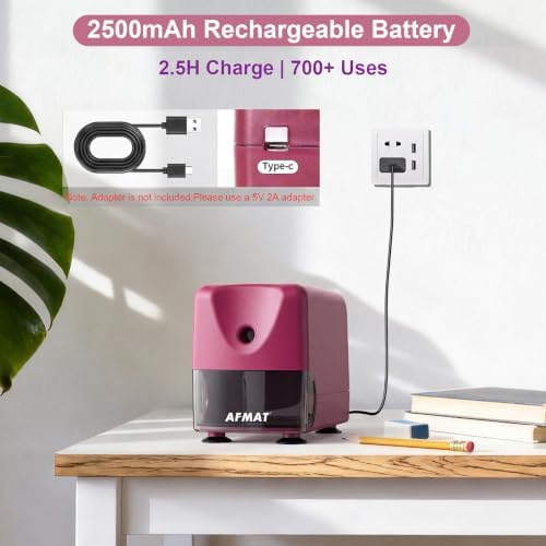 AFMAT Electric Pencil Sharpener, Cordless & Rechargeable, Heavy Duty Classroom Pencil Sharpeners for 6-11 mm Pencils, Auto Stop, 2s Fast Sharpening, Battery Powered, 10,000 Sharpenings, PSD3