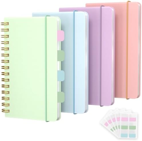 4 Pack 5x7 Small Spiral Notebook, Hardcover Spiral Journal Notebook with Removable Dividers Tabs, Note Books for Note Taking, Work, School, Cute Notebooks with Strap 50 Sheet