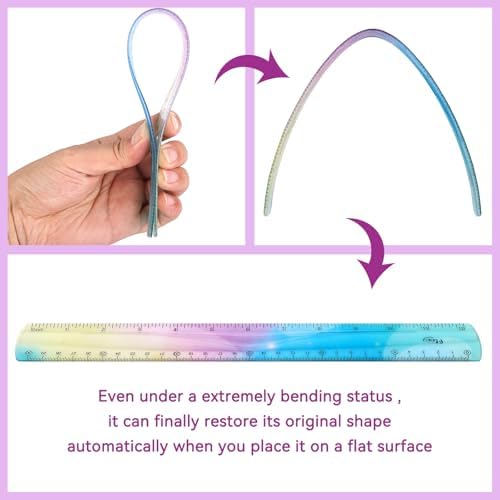 2PCS Flexible Ruler, 30cm/12inch Plastic Ruler Shatterproof Straight Edge Ruler Bendable Safe Soft Gradient Colored Flex Ruler with Centimeter and Inch Scales for School Classroom Office Kids & Adults