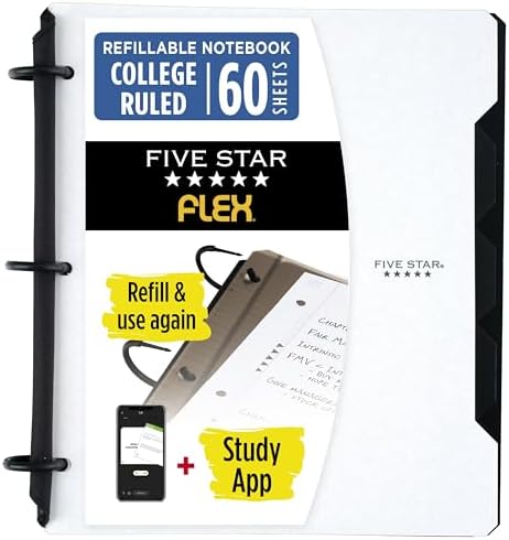 Five Star Flex Refillable Notebook + Study App, College Ruled Paper and 1 Inch TechLock Ring Binder with Pockets, Tabs and Dividers, 200 Sheet Capacity, White (29328AE2)